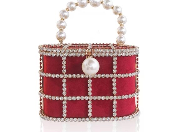 Pearl Beaded Metallic Cage Handbag