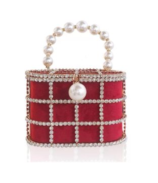 Pearl Beaded Metallic Cage Handbag